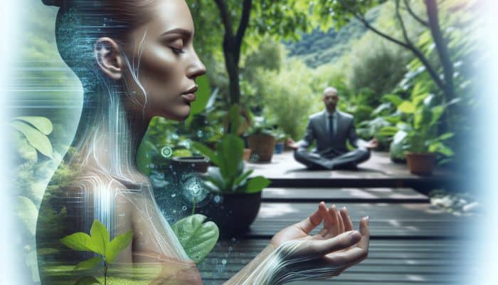 An individual meditating peacefully in a serene garden, showcasing clear and healthy skin.