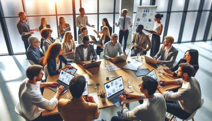 Bampton business owners at an e-commerce workshop, collaborating with tech experts using laptops.