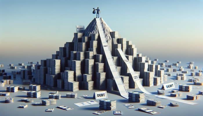 Using the Avalanche Method with Consolidation Loans: UK Guide | DCL Using the Avalanche Method with Consolidation Loans: A person dismantling the highest stack of debts with high interest rates on a mountain, symbolizing the avalanche method towards financial freedom.