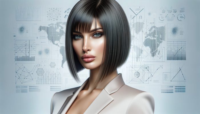 Sleek, straight blunt bob cut framing face, exuding sophistication and modernity, styled polished and textured.