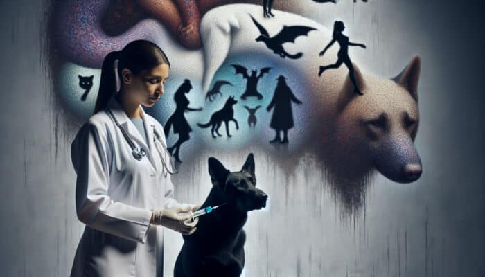 A veterinarian administering a rabies vaccination to a dog, with silhouette images of bats, raccoons, and foxes in the backdrop.