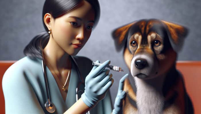 A dog receiving a rabies vaccination, displaying slight signs of flinching and mild discomfort.