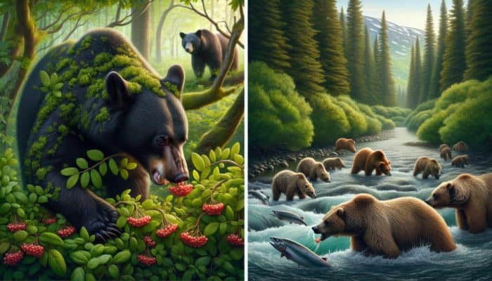 Black bear consuming berries and plants, grizzly catching salmon, showcasing diverse diets in North American forests.