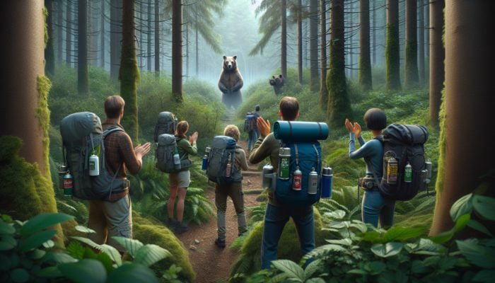 Hikers in a forest using bear bells, clapping, and equipped with bear spray, observed by a cautious bear.