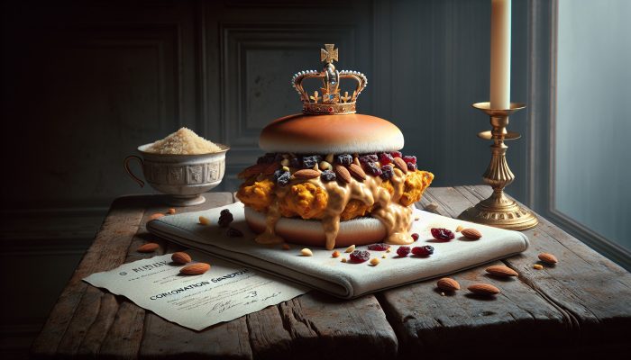 A classic British Coronation Chicken Sandwich featuring curried chicken, creamy sauce, raisins, and almonds.