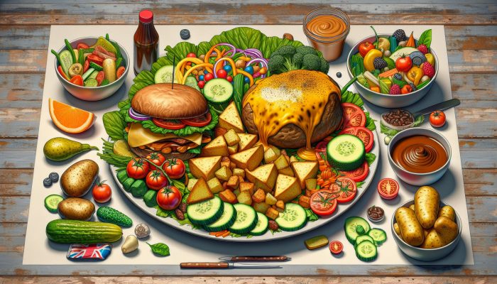 A colorful UK lunch spread featuring cheddar cheese, brown sauce, and seasonal vegetables on a rustic table.