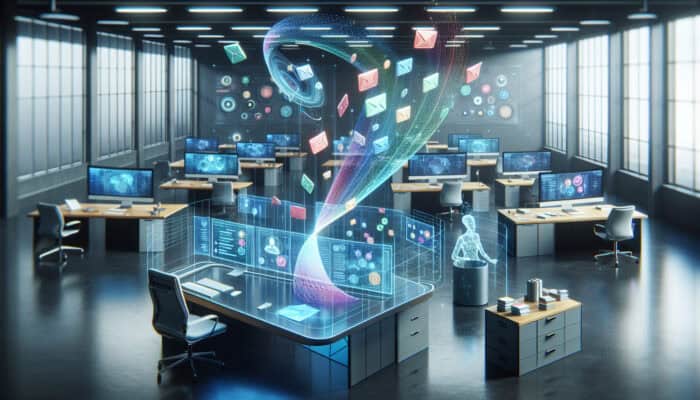 A virtual assistant sorting emails into color-coded folders and labels in a modern office.