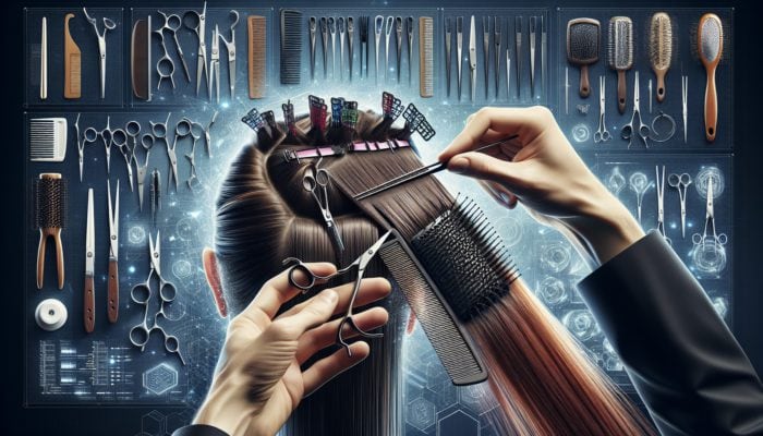 A hairstylist skillfully sectioning hair into segments using clips and a comb in a professional salon.