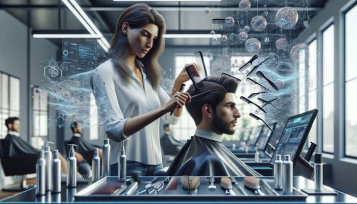 A hairstylist demonstrating expert hair sectioning techniques with combs in a contemporary salon setting.
