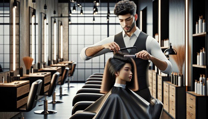 Hairstylist utilizing a fine-tooth comb on straight hair and a wide-tooth comb on curly hair in a professional salon.