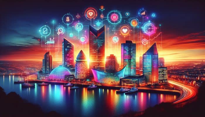 A picturesque Plymouth cityscape at sunset with illuminating neon SEO keywords floating above contemporary buildings.