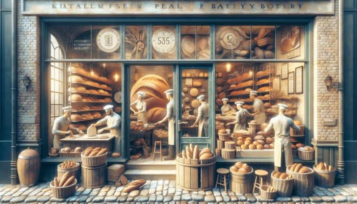 A lively Plymouth bakery showcasing fresh bread with signs promoting local SEO visibility.
