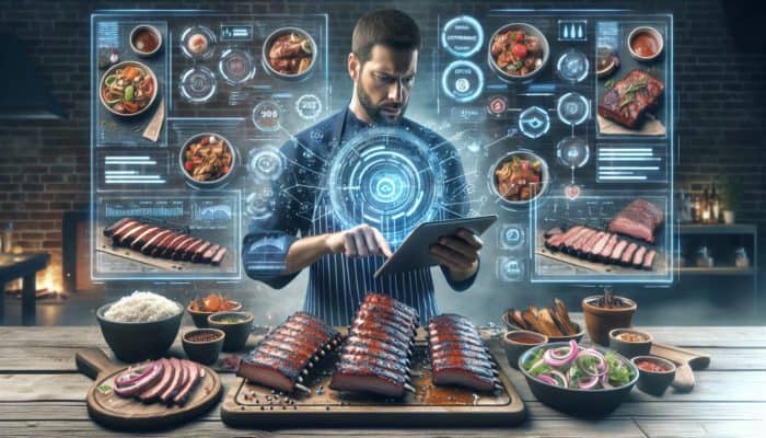 A BBQ competitor utilizing an AI tablet interface to optimize recipes, adjusting temperature and spice ratios, with various enhanced BBQ dishes displayed.