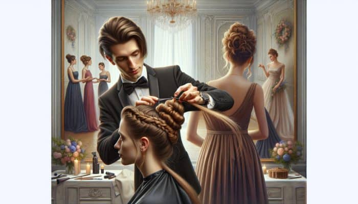 Hairstylist demonstrating French twist and messy bun techniques on diverse hair types for various events.