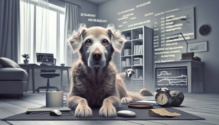 A senior dog showing signs of confusion, sleep disturbances, and reduced activity levels at home, indicative of early cognitive decline.