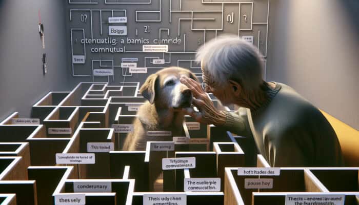 An elderly dog, confused and lost in their familiar home, relies on its owner for guidance due to cognitive decline.