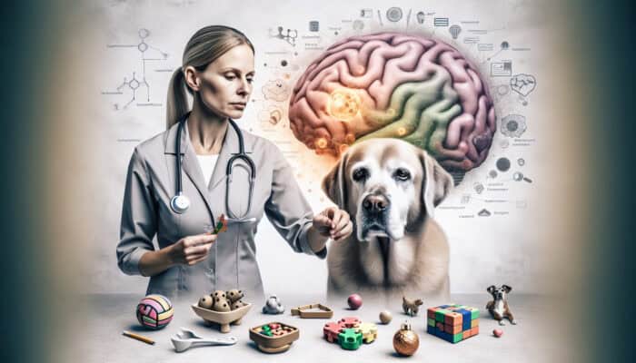 An elderly dog with cognitive toys and a veterinarian, highlighting the importance of mental stimulation in slowing cognitive decline.