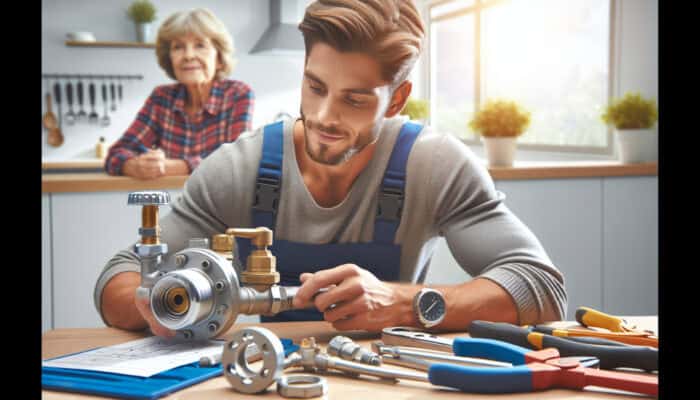 A skilled plumber in Chilliwack replacing a water valve, showcasing tools and the homeowner.