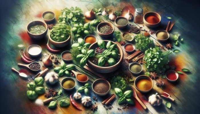Colorful gluten-free kitchen table with fresh herbs and spices enhancing dishes.