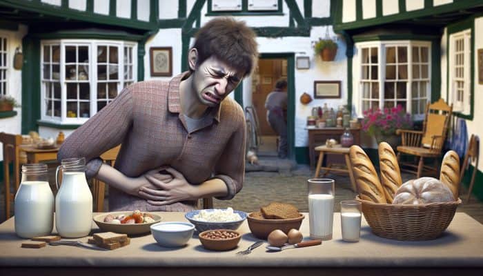 Food Intolerance Blood Test in Aldershot: Individual experiencing bloating and discomfort at a table with dairy, gluten, and nuts in a UK kitchen.