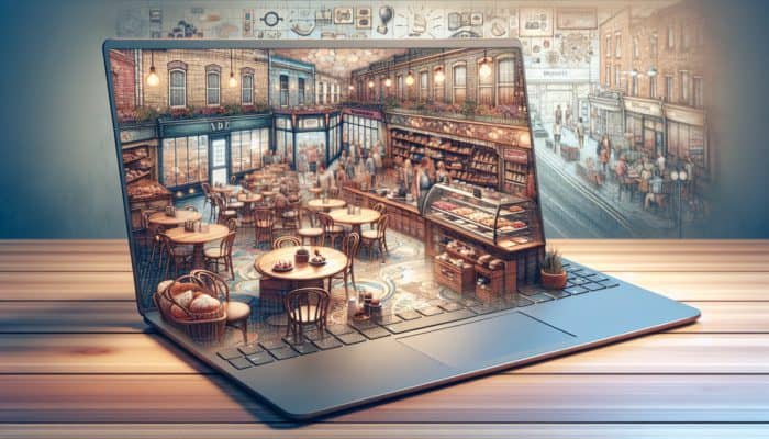 Blog Writing in Weymouth for Small Business: A cozy café and retail store with a laptop showcasing a vibrant blog, enhancing SEO and customer engagement.