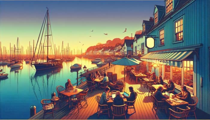 A tranquil Weymouth harbor at sunset, with experts blogging in a cozy café.