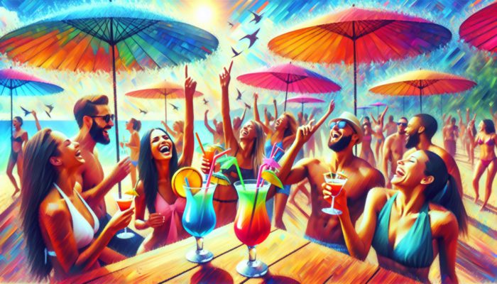 Friends enjoying jive turkey cocktails at a lively outdoor day party with colorful umbrellas.