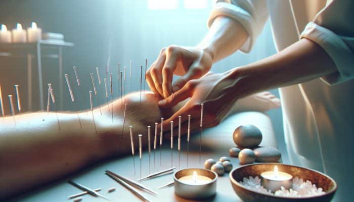 A peaceful acupuncture session targeting gout, featuring needles around inflamed joints and distal points, in a calming environment.