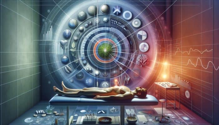A tranquil acupuncture session in a contemporary UK clinic, with a gout patient experiencing relief, surrounded by informative charts and case studies.