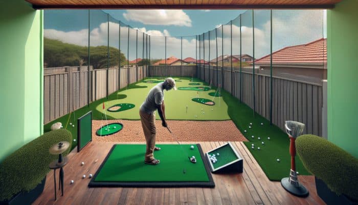 A South African backyard with a mini golf driving range, featuring a net for safety and a golfer practicing.