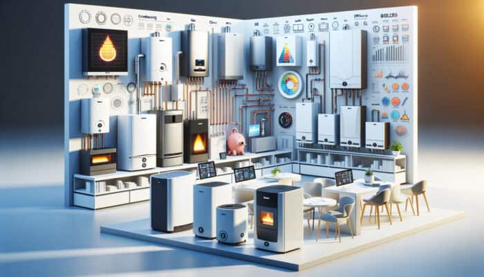 A display of various modern boilers with labels and efficiency ratings showcased in a showroom located in Ladner, Delta.
