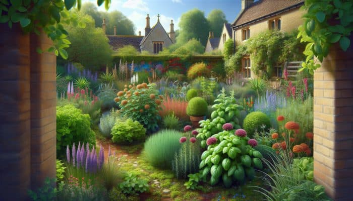 Selecting Herbs for Beginners: A vibrant UK garden showcasing basil, rosemary, thyme, chives, mint, parsley, sage, and oregano plants.