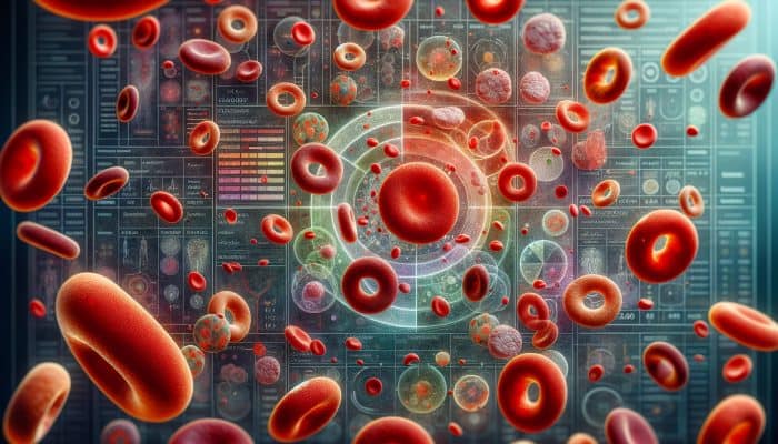 Full Blood Count in Chadderton: Illustration of full blood count showing red and white blood cells, platelets under a microscope, along with a health function chart.