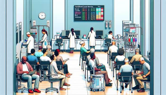 A bustling health clinic in Chadderton with patients awaiting full blood count services, equipped with modern medical tools and approachable staff.