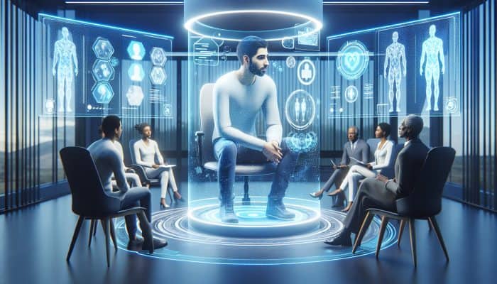 A futuristic telehealth room with a male patient and a diverse panel of experts discussing men's wellness via hologram.