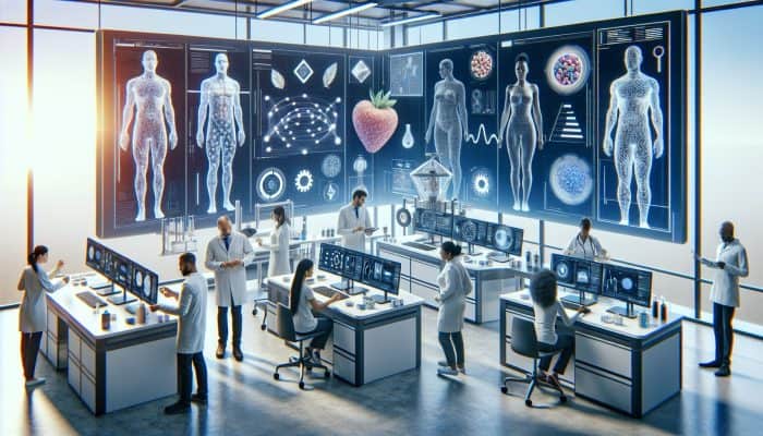 A modern laboratory equipped with advanced technologies for accurate food intolerance testing, showcasing diverse individuals receiving tailored dietary advice.