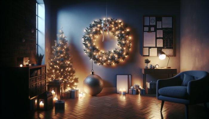 A minimalist holiday scene featuring a simple wreath, elegant lights, and a single ornament in a cozy room.