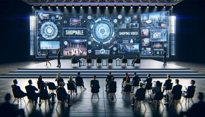 Industry leaders discussing trends in shoppable video at a modern conference with interactive screens.