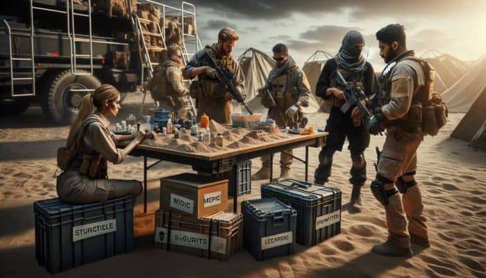 Diverse prepper team in a post-apocalyptic setting, showcasing defined roles: leader, medic, logistics coordinator, and security officer.