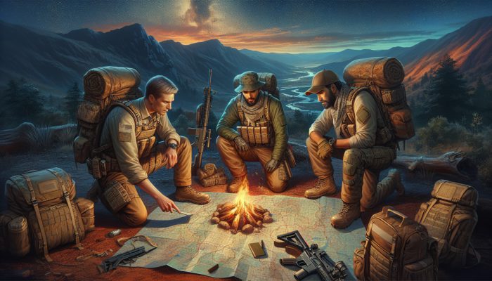 A gathering of survival experts discussing strategies around a campfire in a rugged wilderness setting at night.