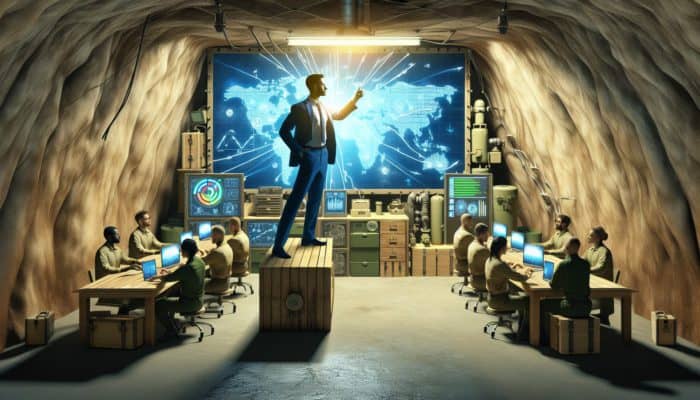An inspiring prepper team leader in a bunker, guiding and motivating members with a strategic map.