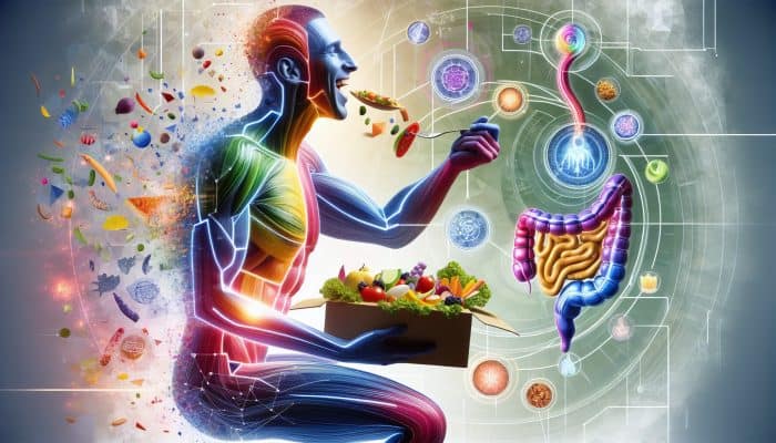 Person relishing a vibrant meal, with digestive system illustration and health symbols.