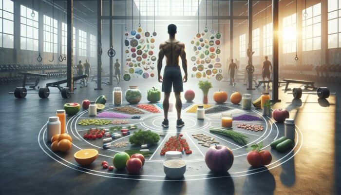 An athlete in a gym, surrounded by whole foods and supplements, illustrating dietary balance.