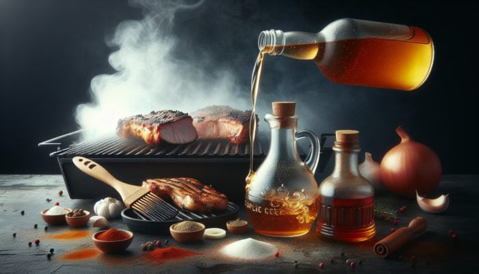 A bottle of apple cider vinegar pouring over a BBQ mop on a grill, with pork and chicken, surrounded by spices.