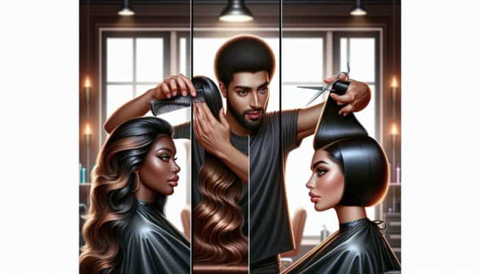 A hairstylist demonstrating cascade cuts for fine and thick hair types.