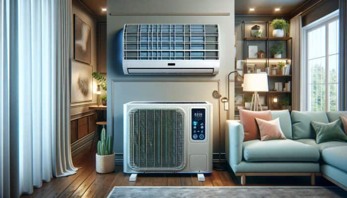 Air Conditioning Services in North Vancouver: A modern air conditioning unit featuring a high SEER rating, smart thermostat, and advanced air filter in a North Vancouver residence.