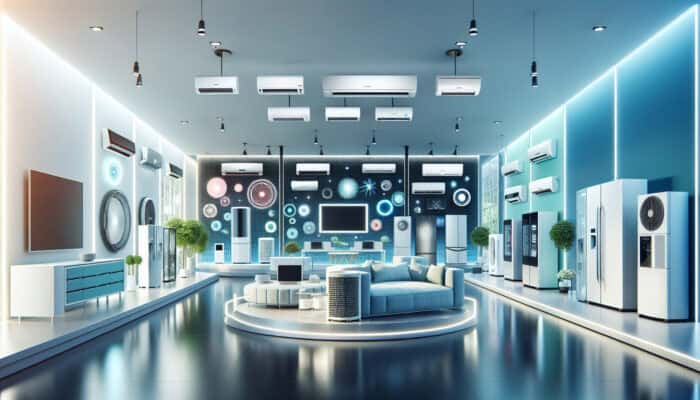 A diverse selection of air conditioning units displayed in a modern showroom.