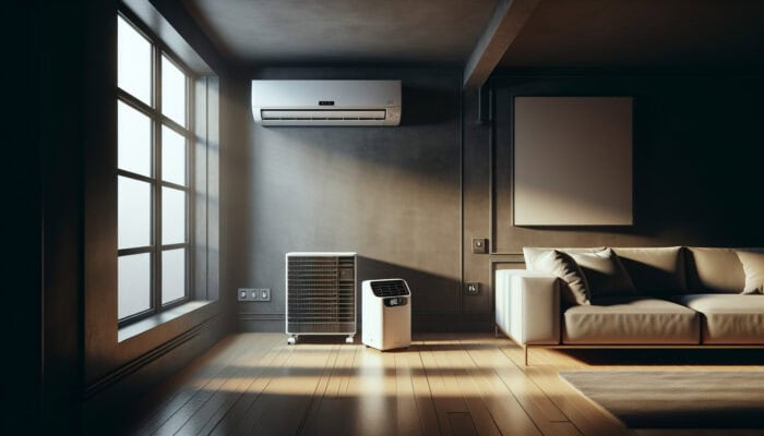A contemporary room featuring both a window and portable air conditioner, demonstrating their versatility and cost-effectiveness.
