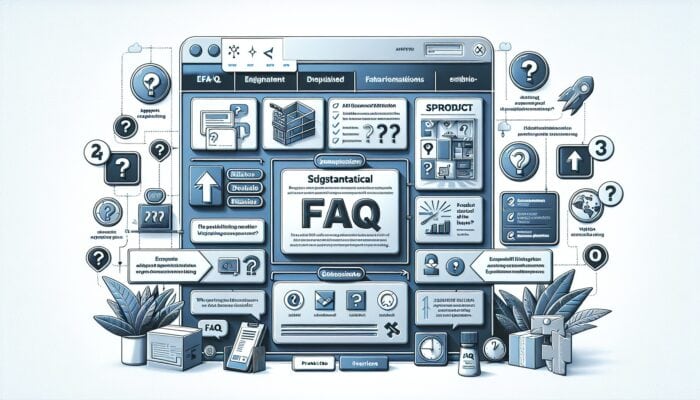 An e-commerce platform displaying FAQs on product pages and a well-organized FAQ section accessible from the main menu.