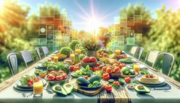 A colorful brunch table with ripe avocados, tomatoes, and fresh herbs in sunlight.